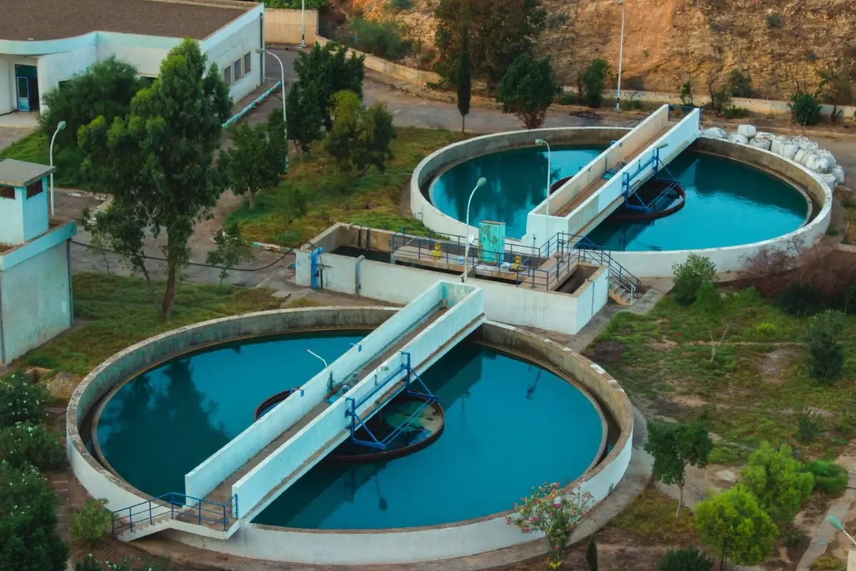 Circular clarifier tanks at a water treatment plant