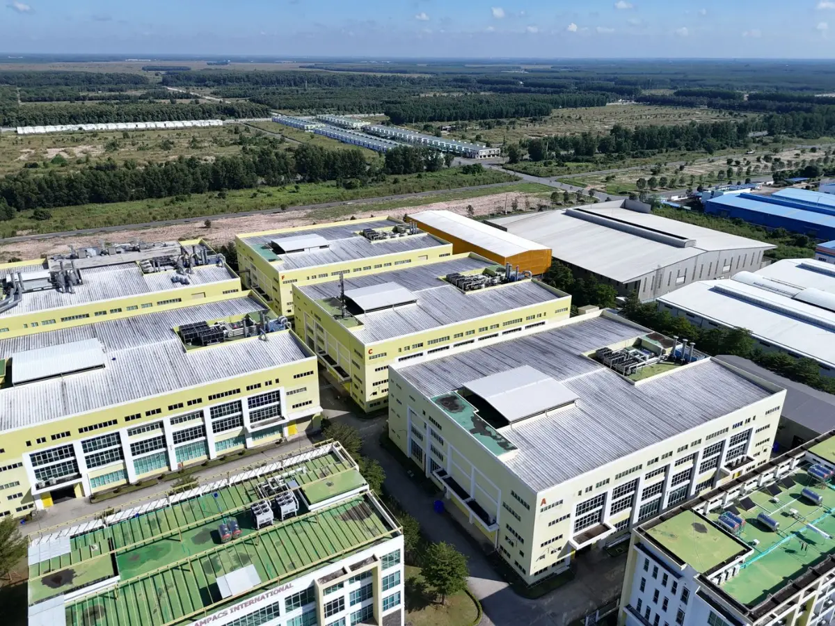 Aerial view of factory buildings and internal roads in a serviced industrial park